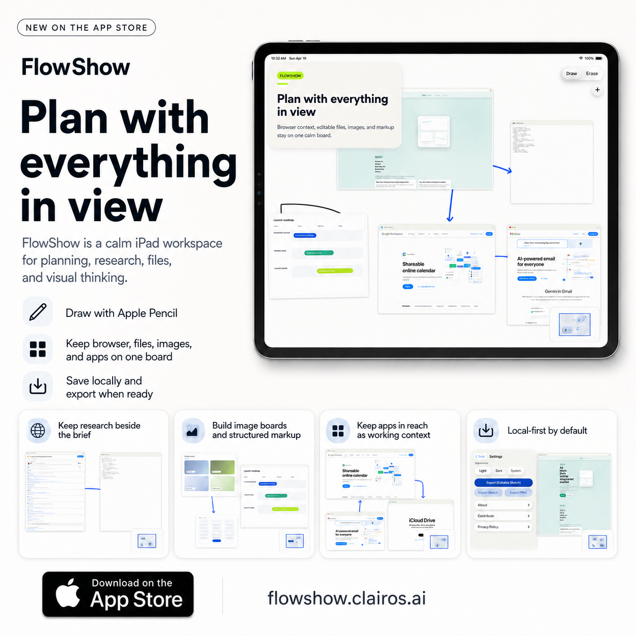 FlowShow launch graphic showing an iPad spatial canvas for research, files, sketches, and App Store download.