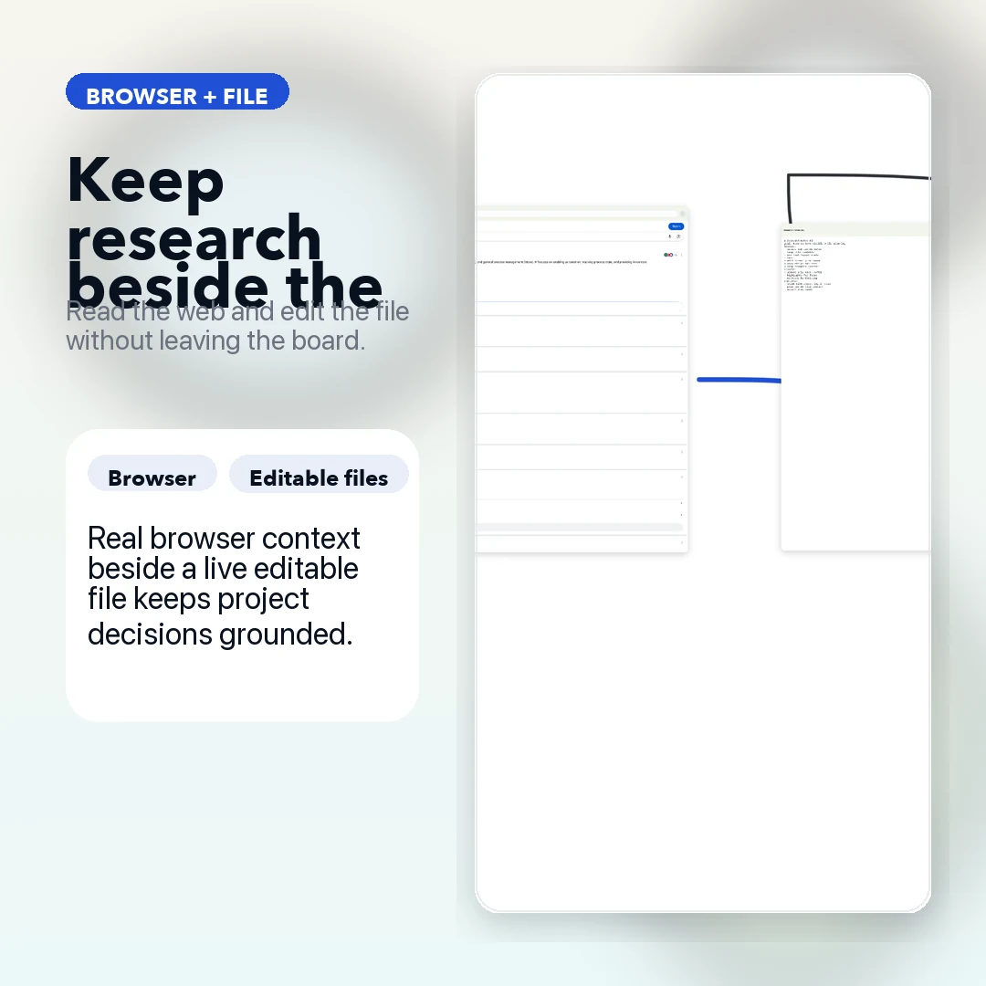 FlowShow board with a browser pane and editable file side by side inside the workspace.