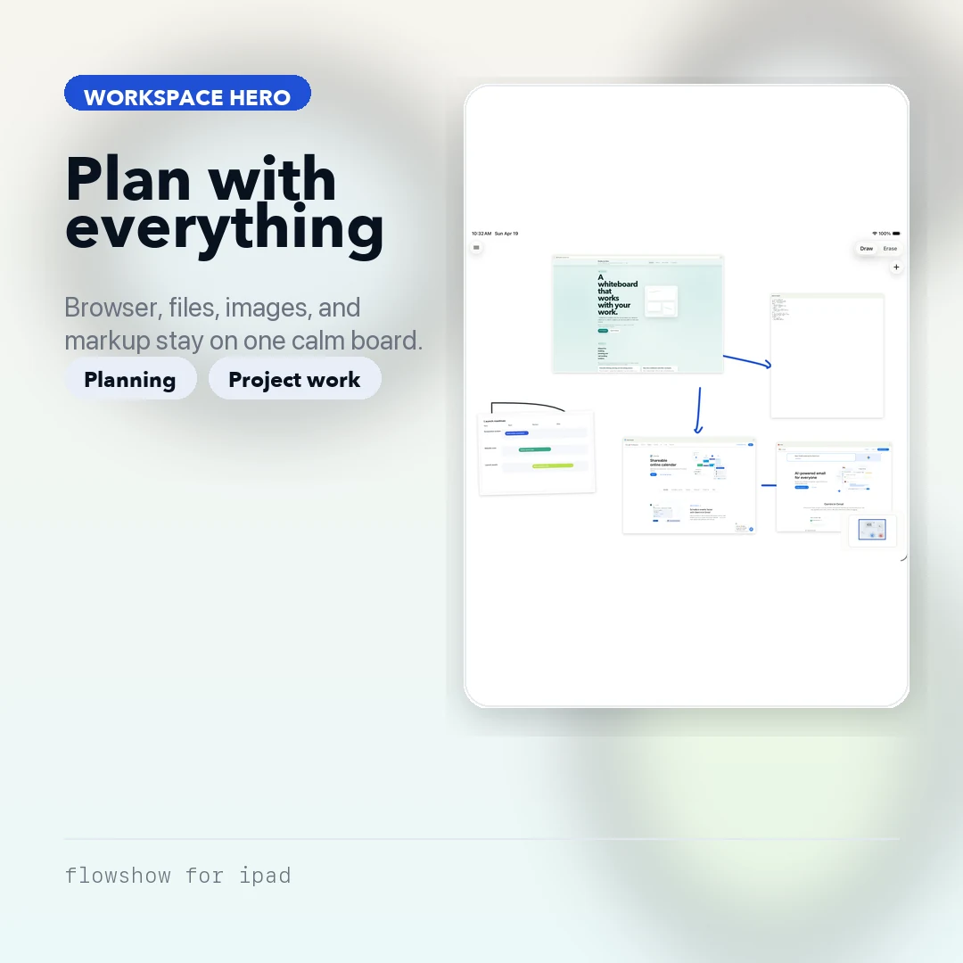 FlowShow workspace showing a broad planning board ready for Apple Pencil sketching and visual thinking.