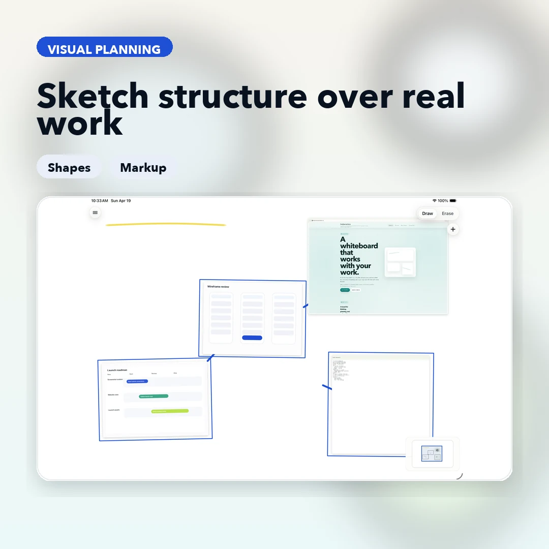FlowShow planning board showing Apple Pencil sketching and structured visual planning on a large canvas.